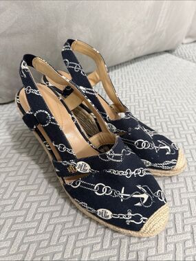 Ralph Lauren Nautical Anchor Chains Espadrille Wedge Closed Toe Sandals Wm 9 NEW